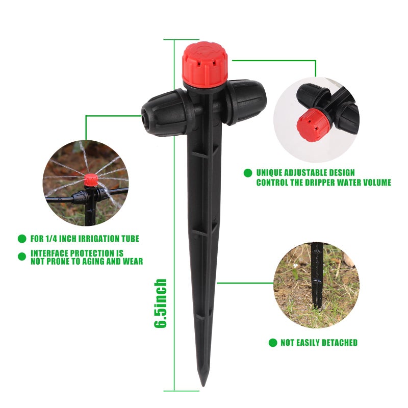 FULAIERGD Drip Irrigation Emitters, Adjustable 360 Degree 8 Hole Drippers with Stake for 1/4 Inch Drip Irrigation Tubing, Ideal for (4-7mm) Garden Hose Watering System Red (25 Pcs Drippers Red) - Image 2
